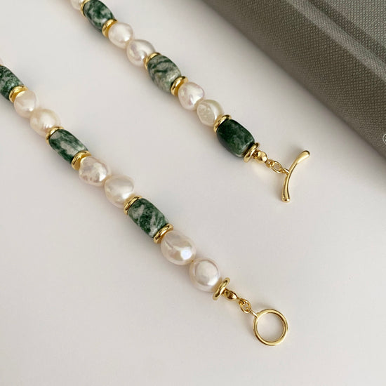 Handmade Fashion Natural Stone Green Dot Jade Baroque Pearl Necklace