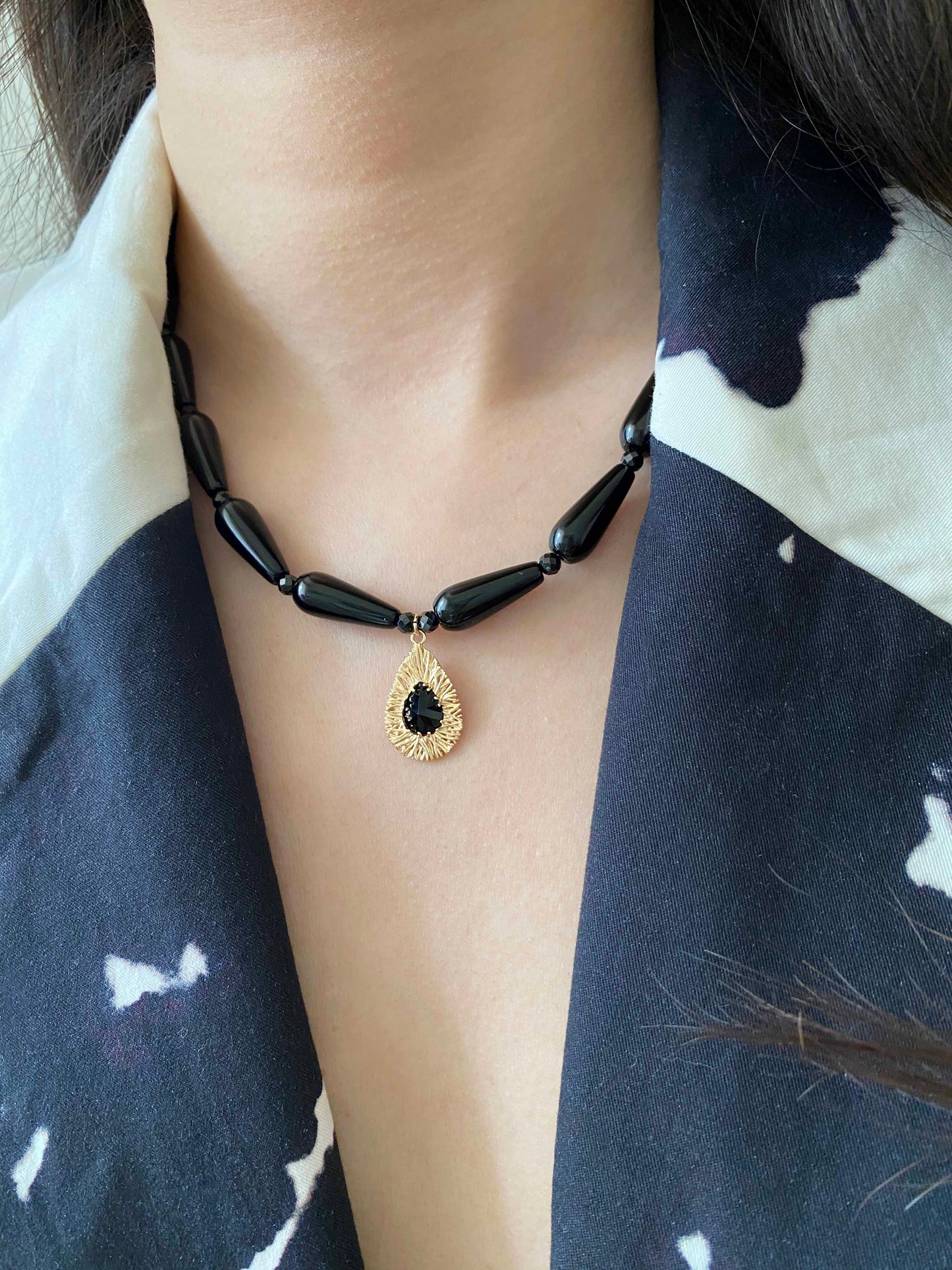 Handmade Fashion Natural Stone Black Onyx Spinel Pendant Necklace