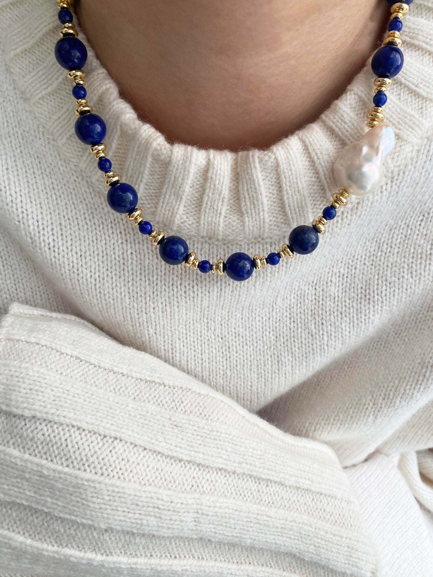 Handmade Fashion Natural Stone Lapis Lazuli Baroque Pearl Necklace