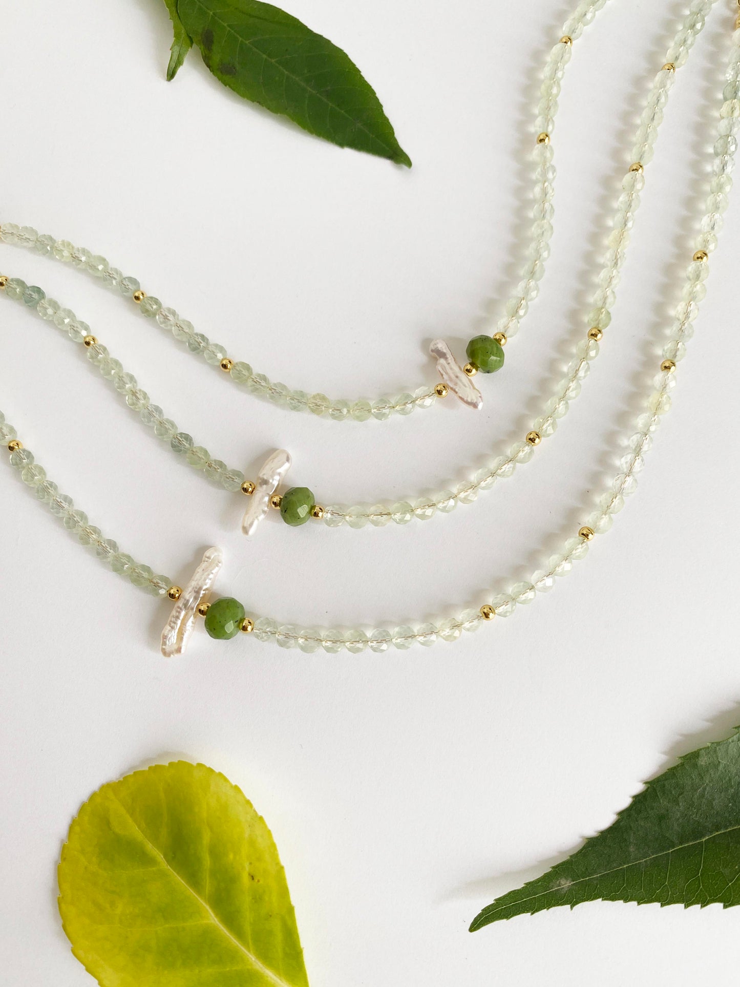 Handmade Fashion Natural Stone Prehnite Jade Pearl Necklace