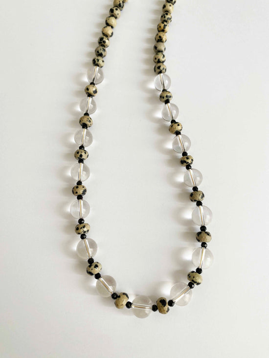 Handmade Fashion Natural Stone Dalmatian Jasper Black Spinel Clear Quartz Necklace