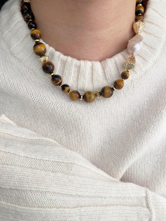 Handmade Fashion Natural Stone Tiger Eye Baroque Pearl Necklace