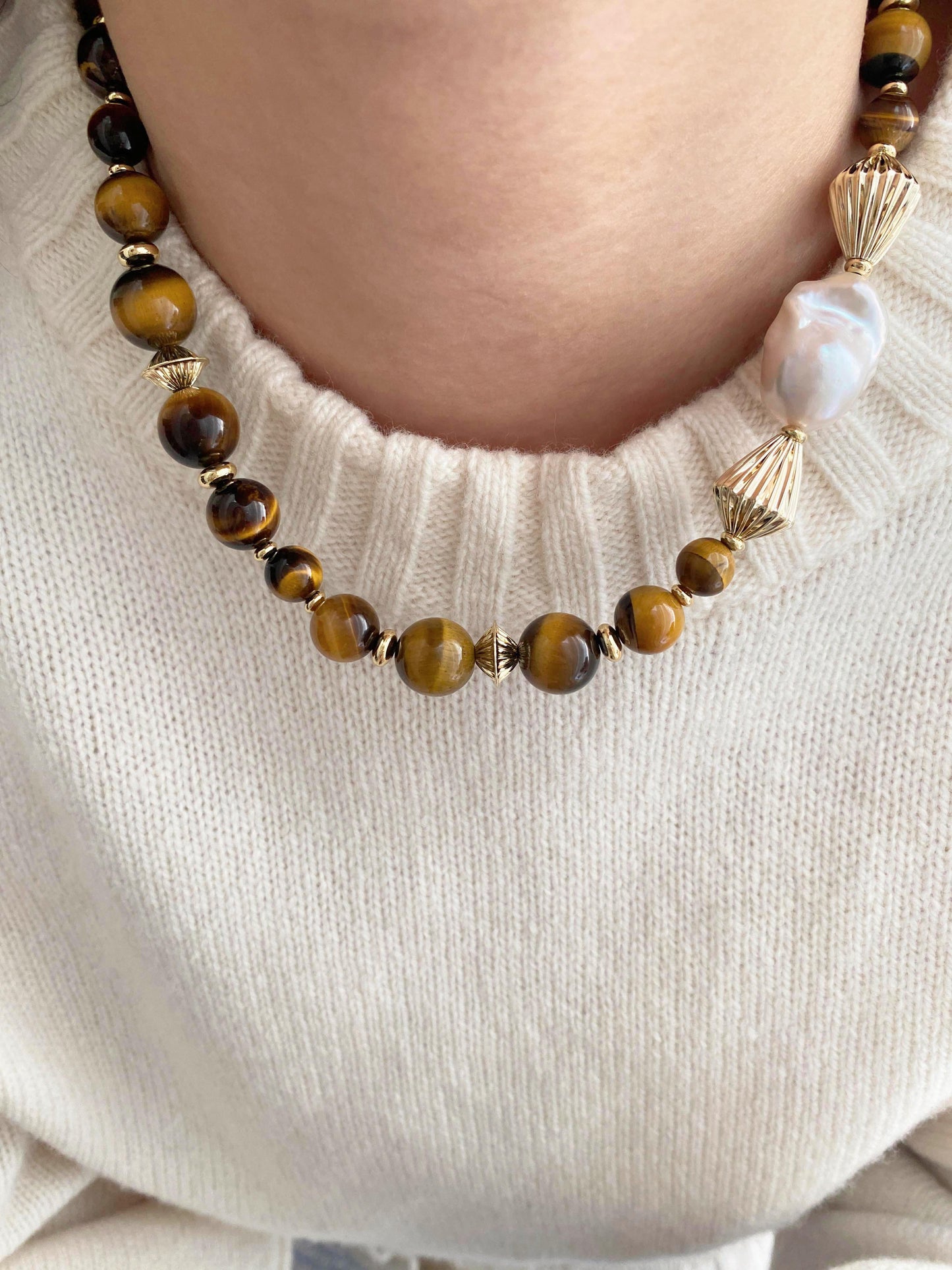 Handmade Fashion Natural Stone Tiger Eye Baroque Pearl Necklace