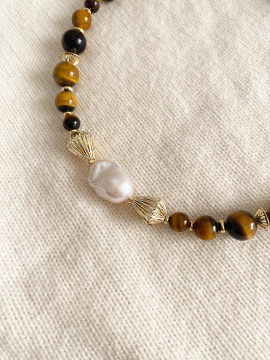 Handmade Fashion Natural Stone Tiger Eye Baroque Pearl Necklace