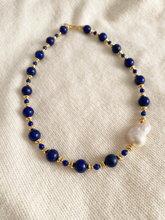 Handmade Fashion Natural Stone Lapis Lazuli Baroque Pearl Necklace