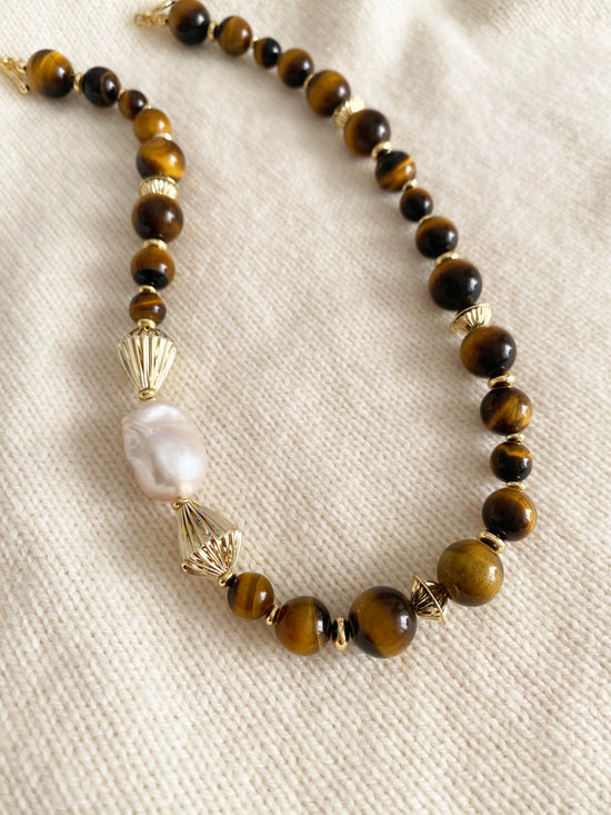 Handmade Fashion Natural Stone Tiger Eye Baroque Pearl Necklace